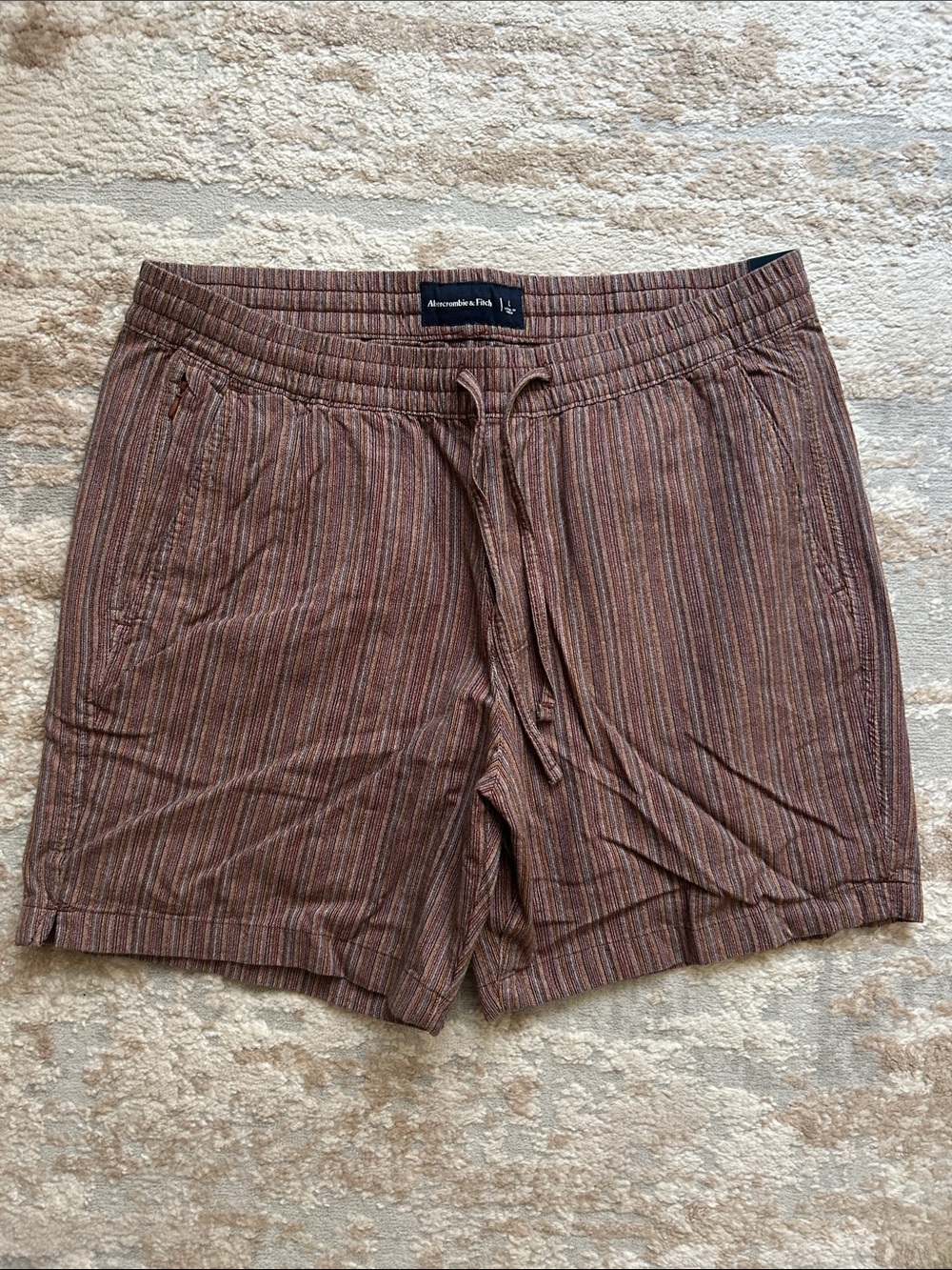 Abercrombie & Fitch Men's Multi-Stripe Brown Drawstring Shorts - Size Large, 6”